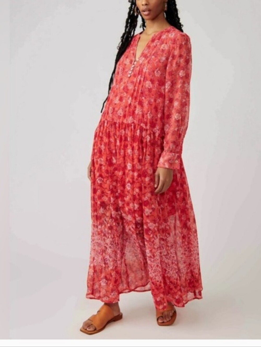 Free People Red Floral Tiered V-Neck Maxi Dress